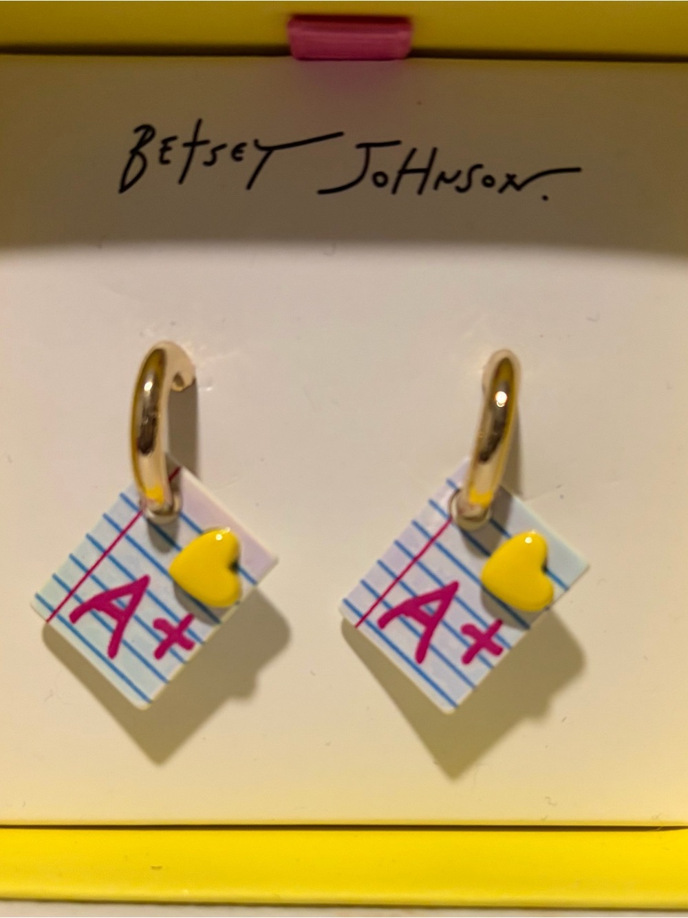 Betsey Johnson Yellow Heart & Pink A+ Notebook Charm Hoop Earrings